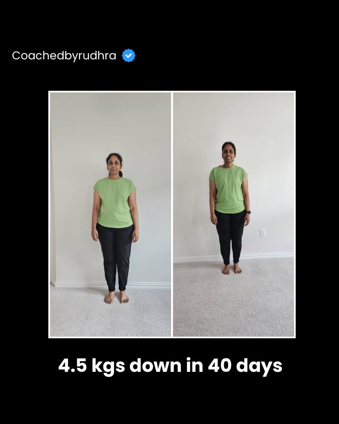 Client transformation — 4.5 kgs down in 40 days.